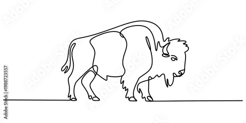 Minimalist continuous line art design featuring a majestic bison standing in profile on white. Vector, illustration