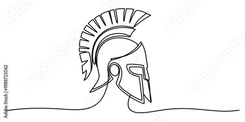 A minimalist single line drawing of an ancient greek spartan helmet worn by a brave warrior hero Vector, illustration