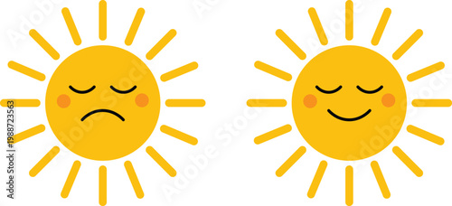 Sad and happy sun icons with cartoonish facial expressions, showing contrasting emotions with cheerful and sad expressions in a minimalistic style