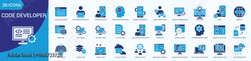 Code Developer Icon Set Illustration Vector Flat Blue Style With  software developer, app developer, frontend developer, mobile developer, game developer, code programming,