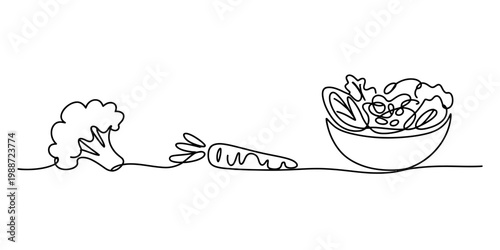 Continuous single line drawing of broccoli a carrot and a bowl of salad for healthy eating art Vector, illustration