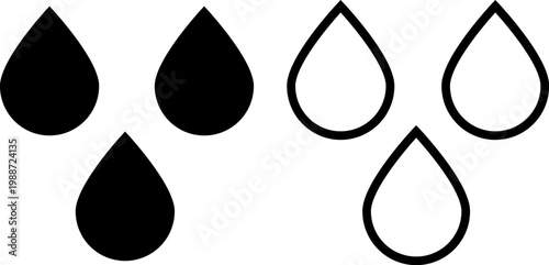 Set of six versatile vector water drop icons, showcasing both solid black filled and outline designs, perfect for minimalist digital graphics, web interfaces, and print media