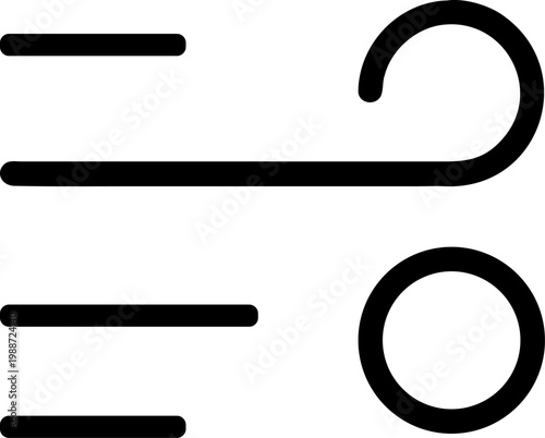 Clean minimalist black line art icon depicting dynamic wind movement and air currents, perfect for weather applications, meteorological dashboards, and modern graphic design
