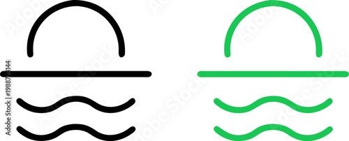 Vector icons depicting a sun rising or setting over wavy water, presented in both black and green, suitable for various graphic design applications