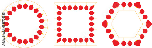 Three festive frames with red ornaments creating circular square and hexagonal shapes