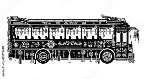 Decorated bus with intricate patterns and tassels on a white background