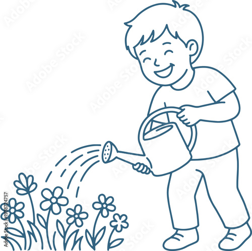 A boy watering flowers with a watering can