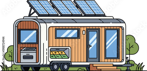 Modern eco friendly tiny house on wheels with solar panels sustainable living cad drawing flat vector illustration isolated on white,