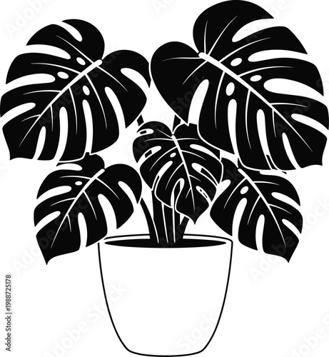 Monstera deliciosa houseplant in pot black solid silhouette tropical cheese plant leaves set flat vector illustration for home interior decoration,