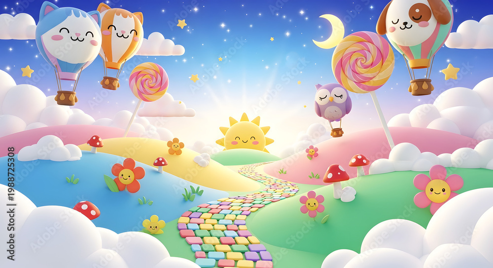 Naklejka premium Pastel landscape featuring floating animal hot air balloons above a winding cobblestone path, whimsical sky scenery, dreamlike candy terrain, vibrant grassy hills.