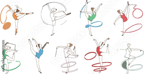 Colorful Rhythmic Gymnastics Female Athlete Pose Set with Ribbon and Hoop in Elegant Line Art Style for Sports and Dance Designsvv