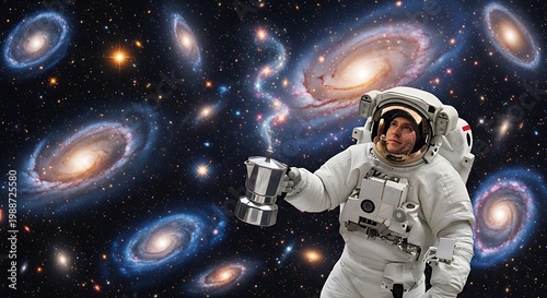 Astronaut enjoys coffee amidst swirling galaxies in cosmic expanse
