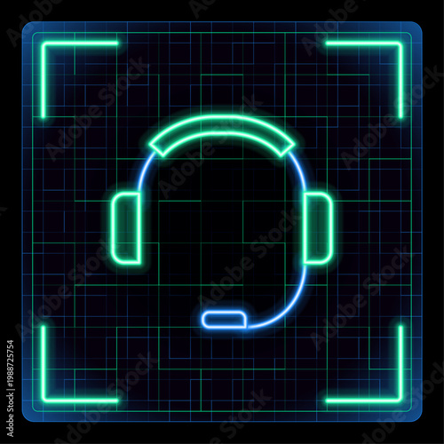 Headset icon, headphones and microphone, customer support device symbol. Glowing neon icon with border grid vector, editable strokes graphic style.