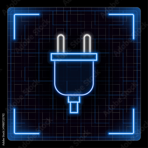 Electrical plug icon, outlet power energy symbol. Glowing neon icon with border grid vector, editable strokes graphic style.