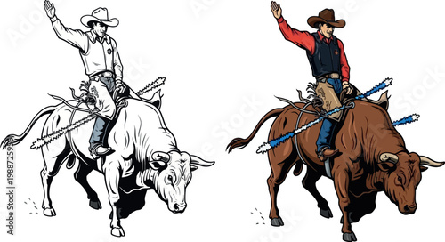 Cowboy Riding Wild Bull in Rodeo Scene in Black White and Color Versions for Western, Country, and Sports Event Designs