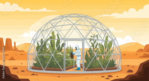 Astronaut farming plants inside a geodesic dome on Mars surface