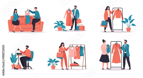 Set of flat vector illustrations of people shopping for clothes and choosing outfits