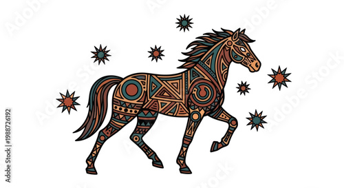 Stylized tribal horse illustration with ethnic geometric patterns and stars
