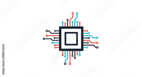 Stylized microchip with colorful electronic connections on white background.
