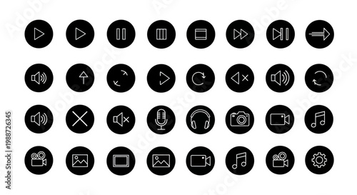 Collection of media playback and interface icons in white on a black background.