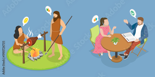 3D Isometric Flat Vector Illustration of Primitive Vs Modern Couple, Evolution Of Cave Primitive Life