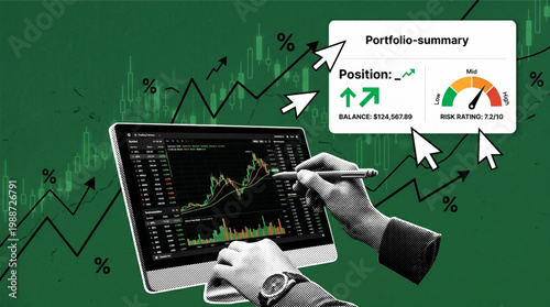 Modern halftone collage illustration of stock market investment portfolio summary on digital tablet showing growth charts risk rating gauge balance and hands using stylus for financial analytics