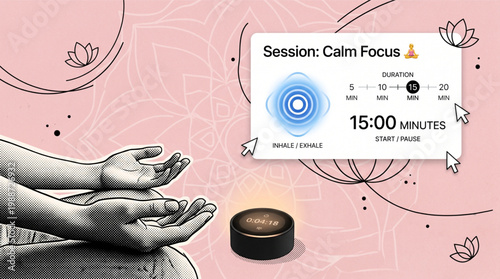 Artistic halftone collage of a digital meditation app with hands in a yoga pose and smart speaker timer for a calm focus session with breathing exercises for mindfulness and mental wellness idea