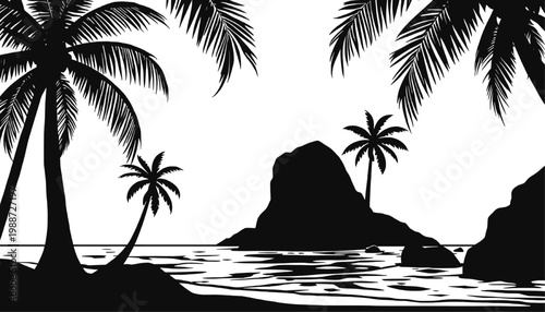 Black silhouette of tropical beach landscape with palm trees island rock formation and ocean water creating a calm coastal scene