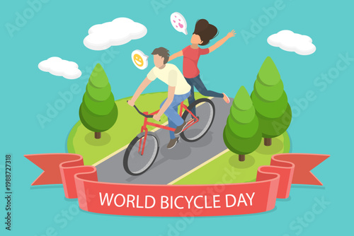 3D Isometric Flat Vector Illustration of World Bicycle Day, Promoting Health, Equity, and Sustainability Through Cycling