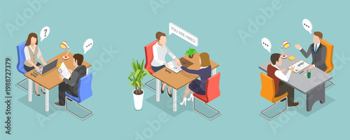 3D Isometric Flat Vector Illustration of Job Interview, Headhunter Manager And Job Seeker Business Meeting In Office