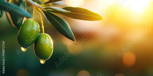 Green olives dripping oil on branch under sun, producing fresh olive oil, copy space