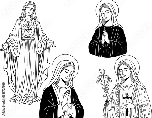 Virgin Mary Religious Line Art Illustration Set with Sacred Christian Figures, Praying Madonna, Spiritual Iconography for Church, Faith, and Devotional Designs