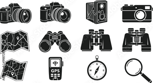 Travel and adventure equipment set with camera binoculars compass map gps cad drawing flat vector illustration pitch black solid silhouette,