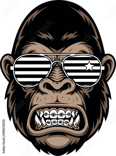 Fierce Gorilla Face with Striped Sunglasses and Braces in Bold Graphic Style for T-Shirt, Streetwear, and Apparel Designs