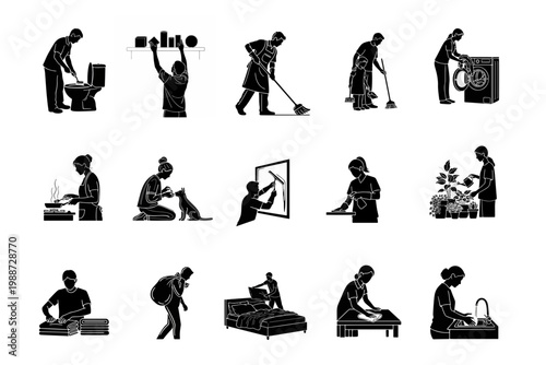 Daily Life Routine Silhouette Icons Set, Household Cleaning, Cooking, Laundry, Minimal Black Vector Collection