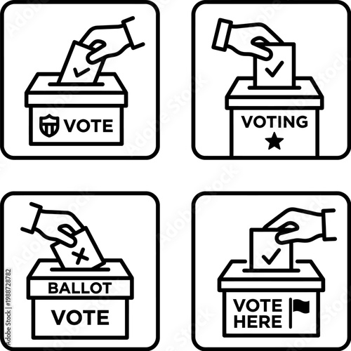 A hand casting a ballot into a vote box with various voting symbols, highlighting the democratic process and civic duty, with a silhouette effect.