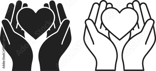 A stylized illustration of cupped hands holding a heart, conveying a sense of love, care, and support in silhouette mode.