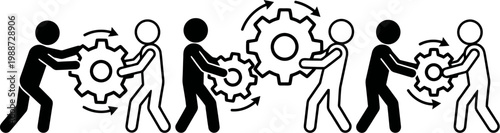 A stylized illustration of people working together to turn gears, representing teamwork and collaboration in a silhouette mode.