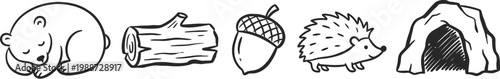 A black and white illustration of a bear, hedgehog, log, acorn, and cave in silhouette mode, showcasing forest animals and objects.