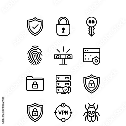 Security icons, cybersecurity symbols, protection signs, safety logos, 12 editable vector graphics