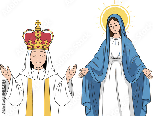 Virgin Mary Religious Illustration Set with Crowned Madonna and Holy Figure in Blue Robe, Christian Spiritual Iconography for Church, Faith, and Devotional Use