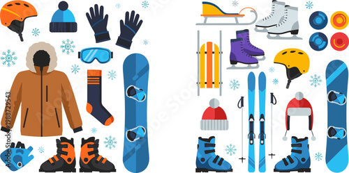 Winter Sports Equipment and Clothing Set Featuring Ski Gear Snowboard Outfit Ice Skates Helmets Gloves and Accessories for Cold Weather Outdoor Activities Illustration