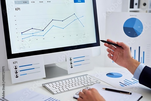 Person analyzes business kpi graphs and charts on a computer monitor and paper documents