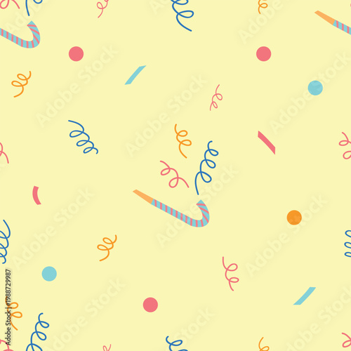 Colorful seamless pattern with birthday confetti, party blower, streamers on yellow background. Perfect for wallpaper, paper, fabrics, textiles, wrapping