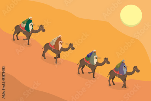 3D Isometric Flat Vector Illustration of Silk Road, Arab Traders On Camels In The Scorching Desert