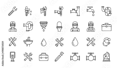 Comprehensive plumbing icons set with tools fixtures professionals plumbing wrenches maintenance construction industry handyman equipment collection illustration sanitary household