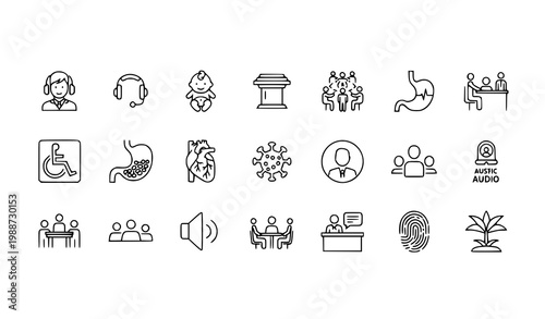 Diverse icon set showing business medical technology themes with customer service collection business communication technology disability fingerprint organization conference wheelchair