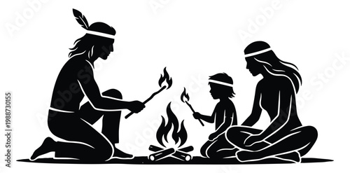 Native american family sitting around a campfire