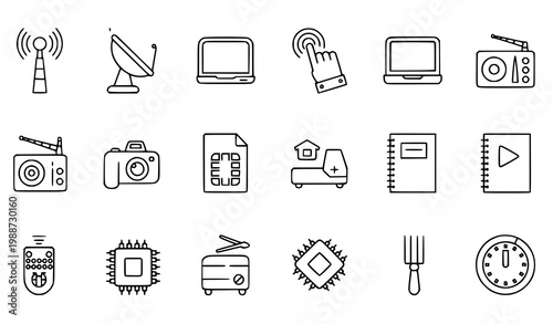 Collection of technology and communication icons with technology communication collection satellite computer processor navigation notebook broadcast transfer wireless connection