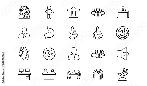 Variety of icons for business healthcare technology concepts with customer service collection business communication technology disability fingerprint organization conference wheelchair